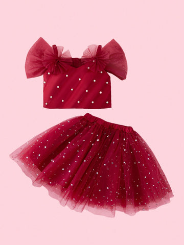 2pcs/Set Girls European And American Style Sleeveless Pearl Decor Crop Top + High Waist Sequin Mesh Tulle Skirt