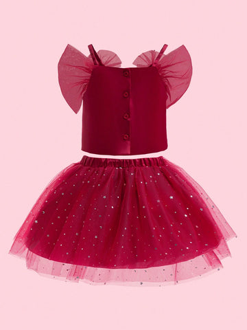 2pcs/Set Girls European And American Style Sleeveless Pearl Decor Crop Top + High Waist Sequin Mesh Tulle Skirt