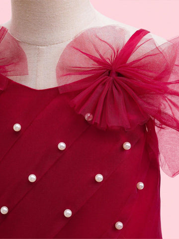 2pcs/Set Girls European And American Style Sleeveless Pearl Decor Crop Top + High Waist Sequin Mesh Tulle Skirt