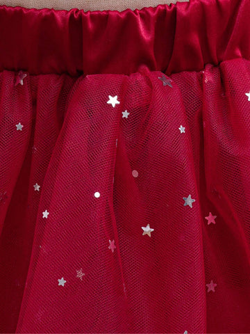 2pcs/Set Girls European And American Style Sleeveless Pearl Decor Crop Top + High Waist Sequin Mesh Tulle Skirt