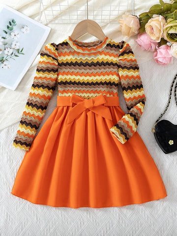 2pcs/Set Girls Fashion Casual Color Woven Wavy Jacquard Contrast Stripe Hollow Puff Long Sleeve Round Neck Patchwork Solid Hem Belt Dress, Spring Autumn