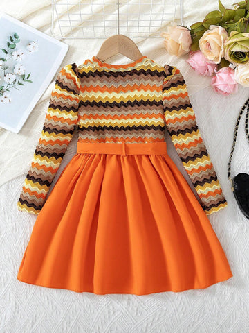 2pcs/Set Girls Fashion Casual Color Woven Wavy Jacquard Contrast Stripe Hollow Puff Long Sleeve Round Neck Patchwork Solid Hem Belt Dress, Spring Autumn