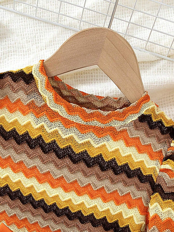 2pcs/Set Girls Fashion Casual Color Woven Wavy Jacquard Contrast Stripe Hollow Puff Long Sleeve Round Neck Patchwork Solid Hem Belt Dress, Spring Autumn