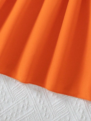 2pcs/Set Girls Fashion Casual Color Woven Wavy Jacquard Contrast Stripe Hollow Puff Long Sleeve Round Neck Patchwork Solid Hem Belt Dress, Spring Autumn