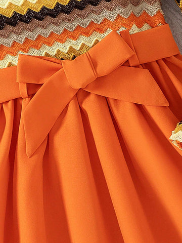 2pcs/Set Girls Fashion Casual Color Woven Wavy Jacquard Contrast Stripe Hollow Puff Long Sleeve Round Neck Patchwork Solid Hem Belt Dress, Spring Autumn