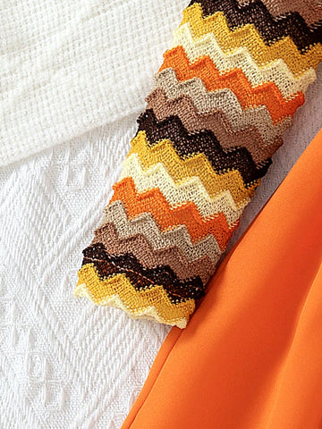 2pcs/Set Girls Fashion Casual Color Woven Wavy Jacquard Contrast Stripe Hollow Puff Long Sleeve Round Neck Patchwork Solid Hem Belt Dress, Spring Autumn