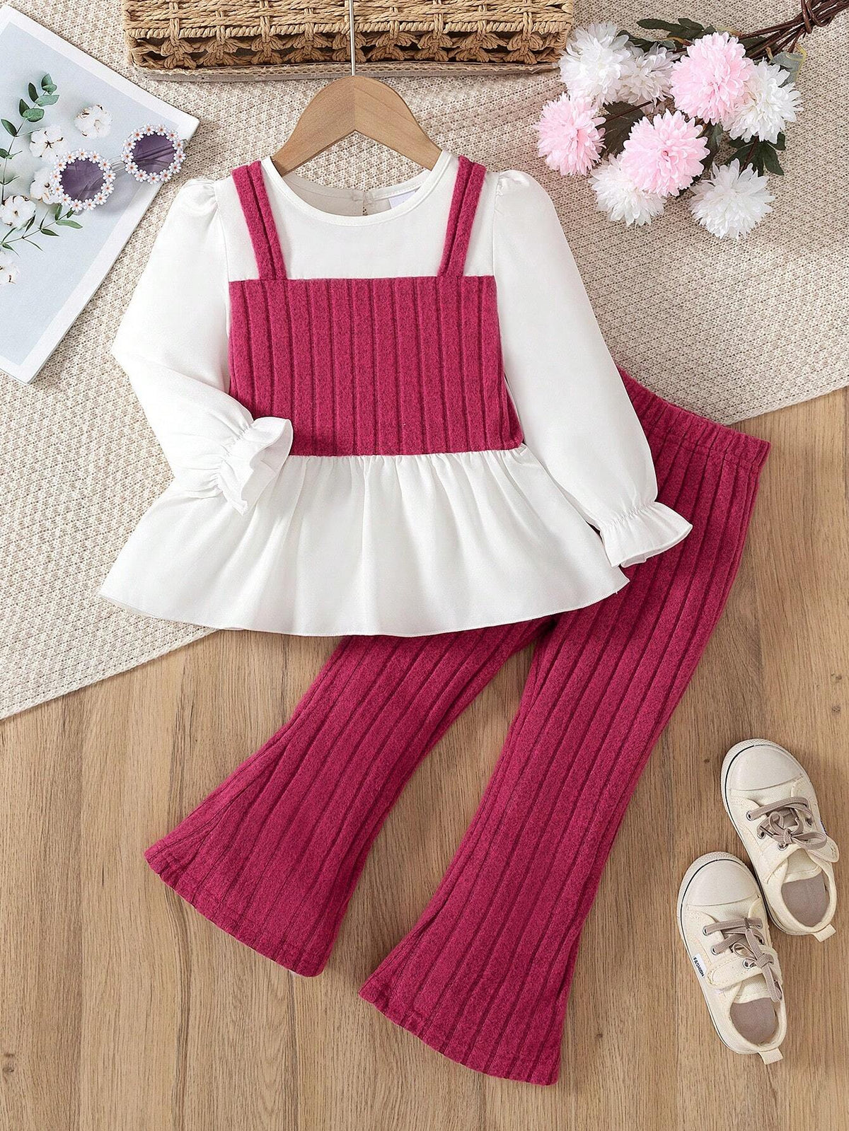 2pcs/Set Girls' Fashion Casual Sports Stripe Camisole & Solid Color Long Sleeve Crew Neck Top Outfit With Knit Flared Pants, Spring/Autumn