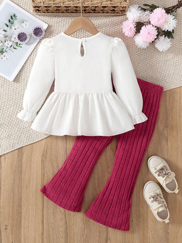 2pcs/Set Girls' Fashion Casual Sports Stripe Camisole & Solid Color Long Sleeve Crew Neck Top Outfit With Knit Flared Pants, Spring/Autumn