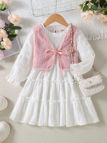 2pcs/Set Girls Fashion Floral Lace Dress And Furry Vest Set, Spring/Autumn