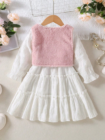 2pcs/Set Girls Fashion Floral Lace Dress And Furry Vest Set, Spring/Autumn