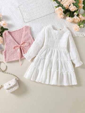 2pcs/Set Girls Fashion Floral Lace Dress And Furry Vest Set, Spring/Autumn