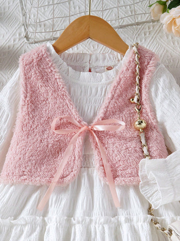 2pcs/Set Girls Fashion Floral Lace Dress And Furry Vest Set, Spring/Autumn