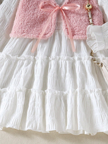 2pcs/Set Girls Fashion Floral Lace Dress And Furry Vest Set, Spring/Autumn