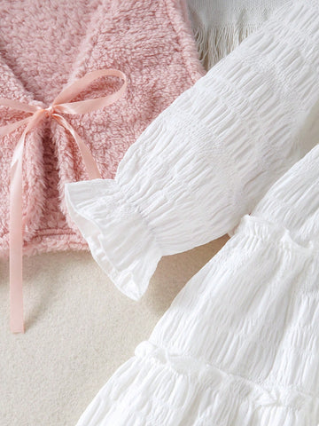 2pcs/Set Girls Fashion Floral Lace Dress And Furry Vest Set, Spring/Autumn