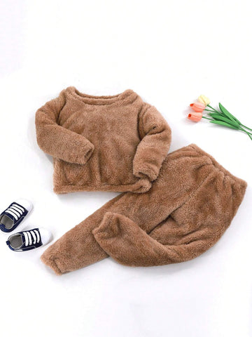 2pcs/Set Girls' Fleece Casual Warm Lounge Wear Set For Winter