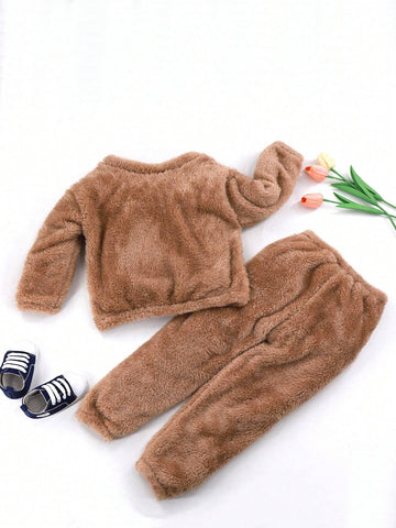 2pcs/Set Girls' Fleece Casual Warm Lounge Wear Set For Winter