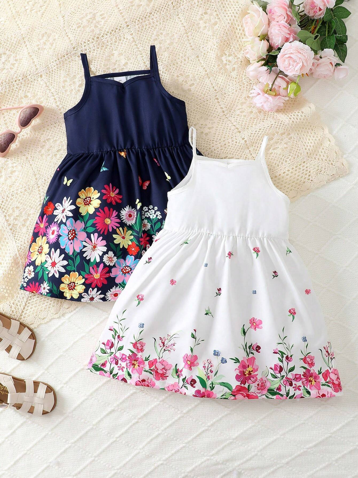 2pcs/Set Girls' Floral Print Suspender Dress + Spring/Summer Top