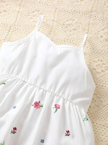 2pcs/Set Girls' Floral Print Suspender Dress + Spring/Summer Top