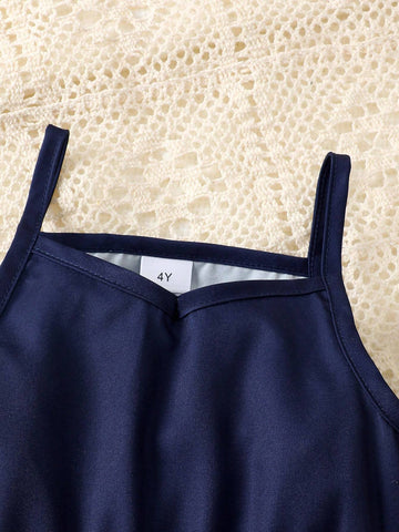 2pcs/Set Girls' Floral Print Suspender Dress + Spring/Summer Top