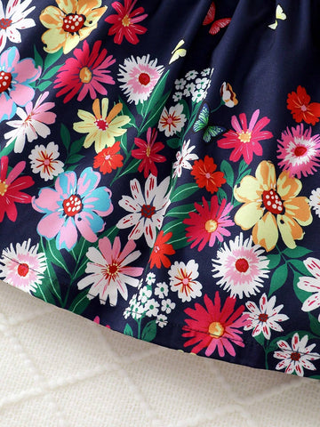 2pcs/Set Girls' Floral Print Suspender Dress + Spring/Summer Top