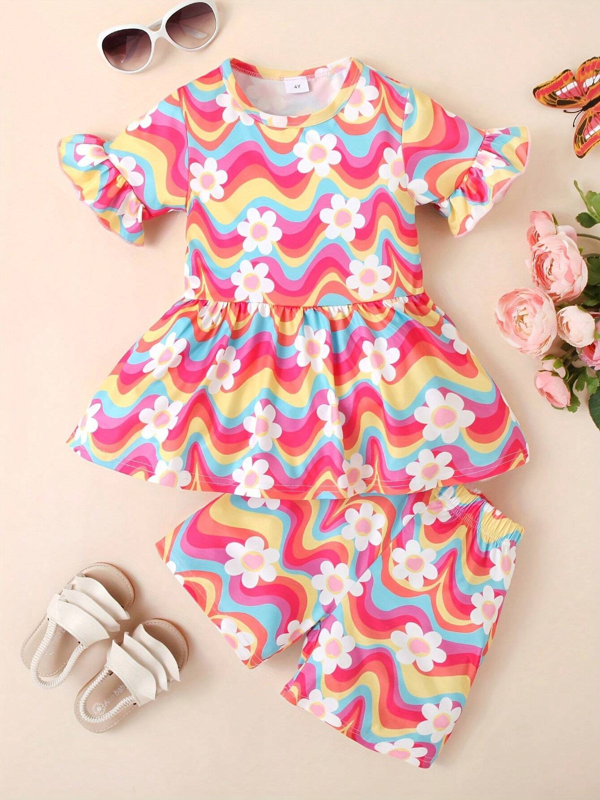 2pcs/Set Girls Floral Printed Short Sleeve Top And Shorts Summer Outfits