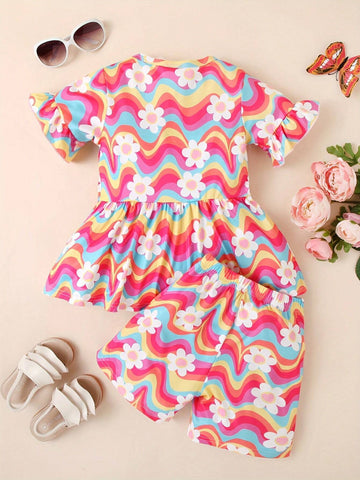 2pcs/Set Girls Floral Printed Short Sleeve Top And Shorts Summer Outfits