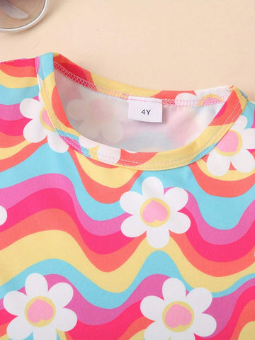 2pcs/Set Girls Floral Printed Short Sleeve Top And Shorts Summer Outfits