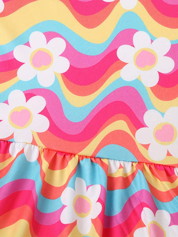 2pcs/Set Girls Floral Printed Short Sleeve Top And Shorts Summer Outfits