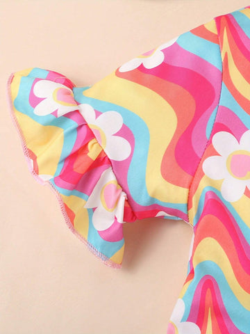 2pcs/Set Girls Floral Printed Short Sleeve Top And Shorts Summer Outfits