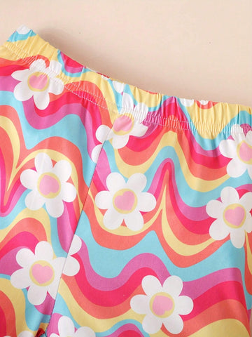 2pcs/Set Girls Floral Printed Short Sleeve Top And Shorts Summer Outfits