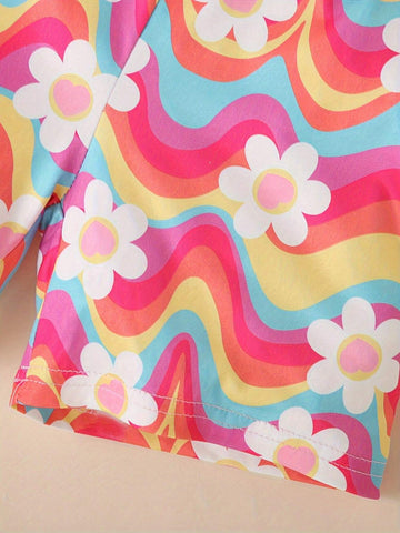 2pcs/Set Girls Floral Printed Short Sleeve Top And Shorts Summer Outfits