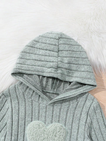 2pcs/Set Girls Heart Embroidery Striped Hoodie Sweatshirt And Slim Pants Casual Outfit, Autumn