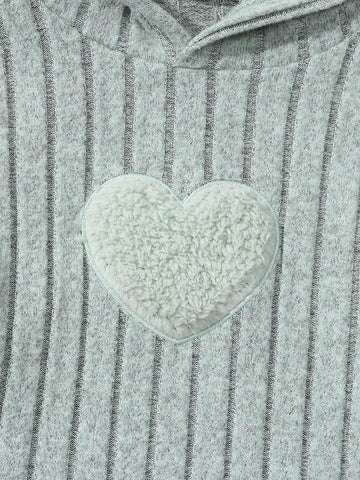 2pcs/Set Girls Heart Embroidery Striped Hoodie Sweatshirt And Slim Pants Casual Outfit, Autumn