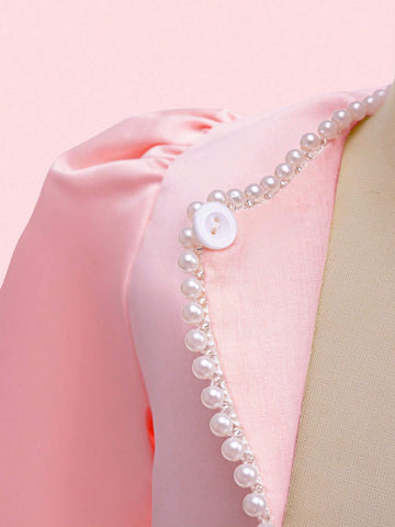 2pcs/Set Girls Party Dress: Sequin Decor Sleeveless Dress And Pearl Embellished Long Sleeve Jacket