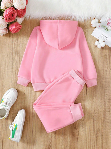 2pcs/Set Girls (Petite) Letter Print Hoodie And Sweatpants Set