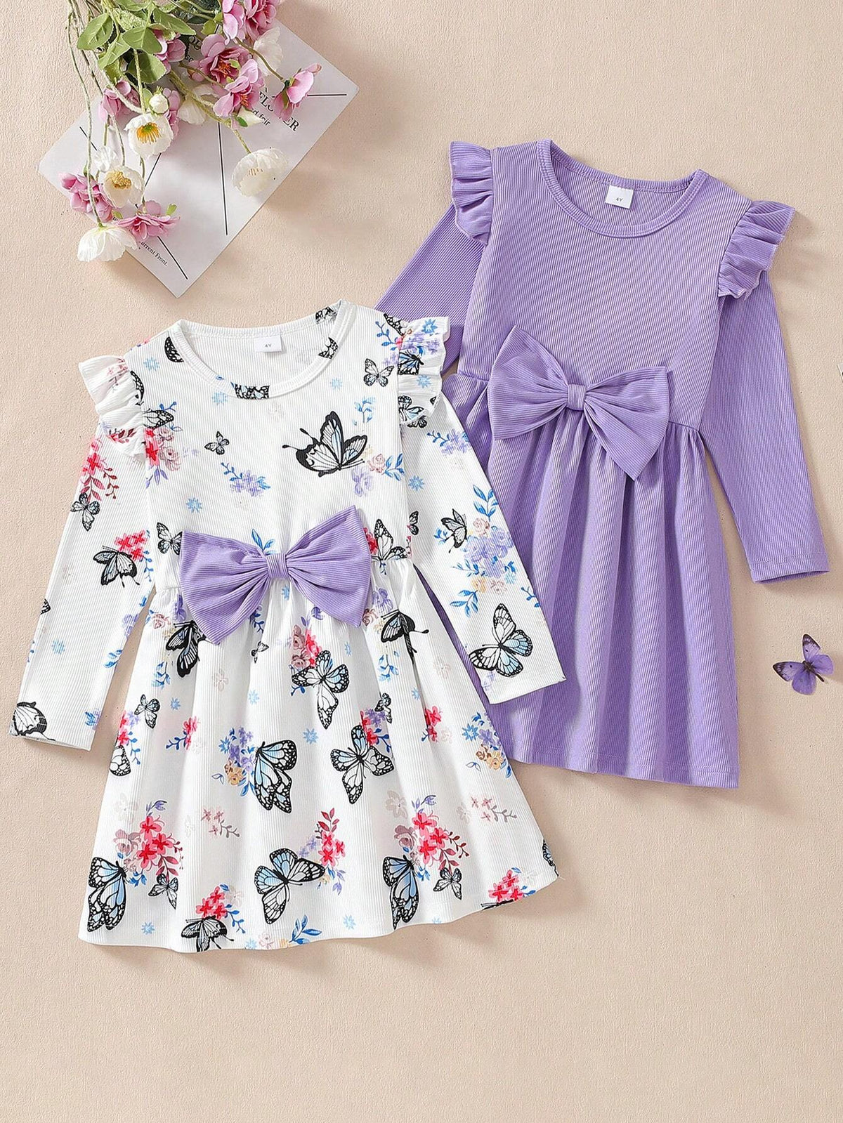 2pcs/Set Girl's Purple Ribbed Dress With Bow Decor & White Ribbed Dress With Butterfly Print, Girl's Outfit