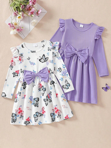 2pcs/Set Girl's Purple Ribbed Dress With Bow Decor & White Ribbed Dress With Butterfly Print, Girl's Outfit