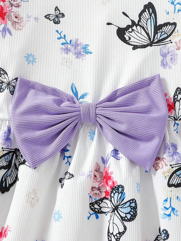 2pcs/Set Girl's Purple Ribbed Dress With Bow Decor & White Ribbed Dress With Butterfly Print, Girl's Outfit