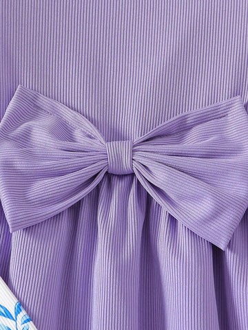 2pcs/Set Girl's Purple Ribbed Dress With Bow Decor & White Ribbed Dress With Butterfly Print, Girl's Outfit