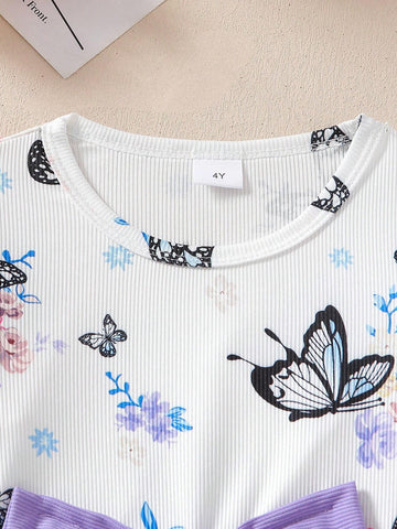 2pcs/Set Girl's Purple Ribbed Dress With Bow Decor & White Ribbed Dress With Butterfly Print, Girl's Outfit