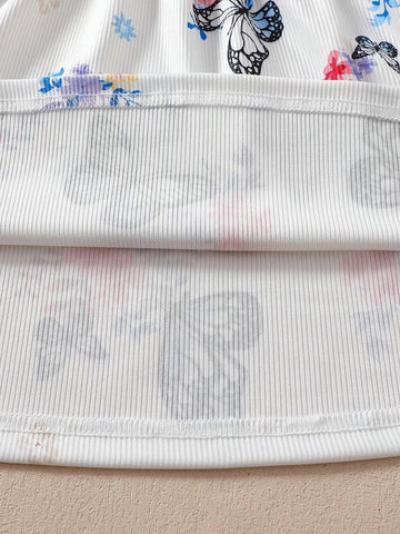 2pcs/Set Girl's Purple Ribbed Dress With Bow Decor & White Ribbed Dress With Butterfly Print, Girl's Outfit