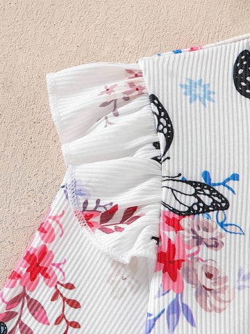 2pcs/Set Girl's Purple Ribbed Dress With Bow Decor & White Ribbed Dress With Butterfly Print, Girl's Outfit