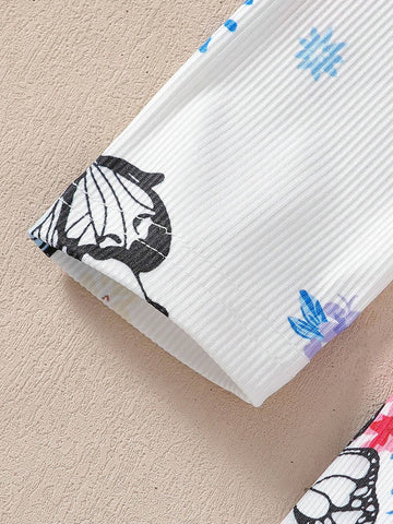 2pcs/Set Girl's Purple Ribbed Dress With Bow Decor & White Ribbed Dress With Butterfly Print, Girl's Outfit