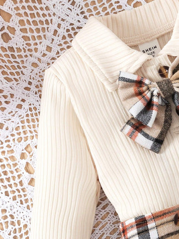 2pcs/Set Girls School Uniform Outfits, Including Collared Knit Long Sleeve Sweater With Bow Accent And Plaid Skirt, Fall/Winter