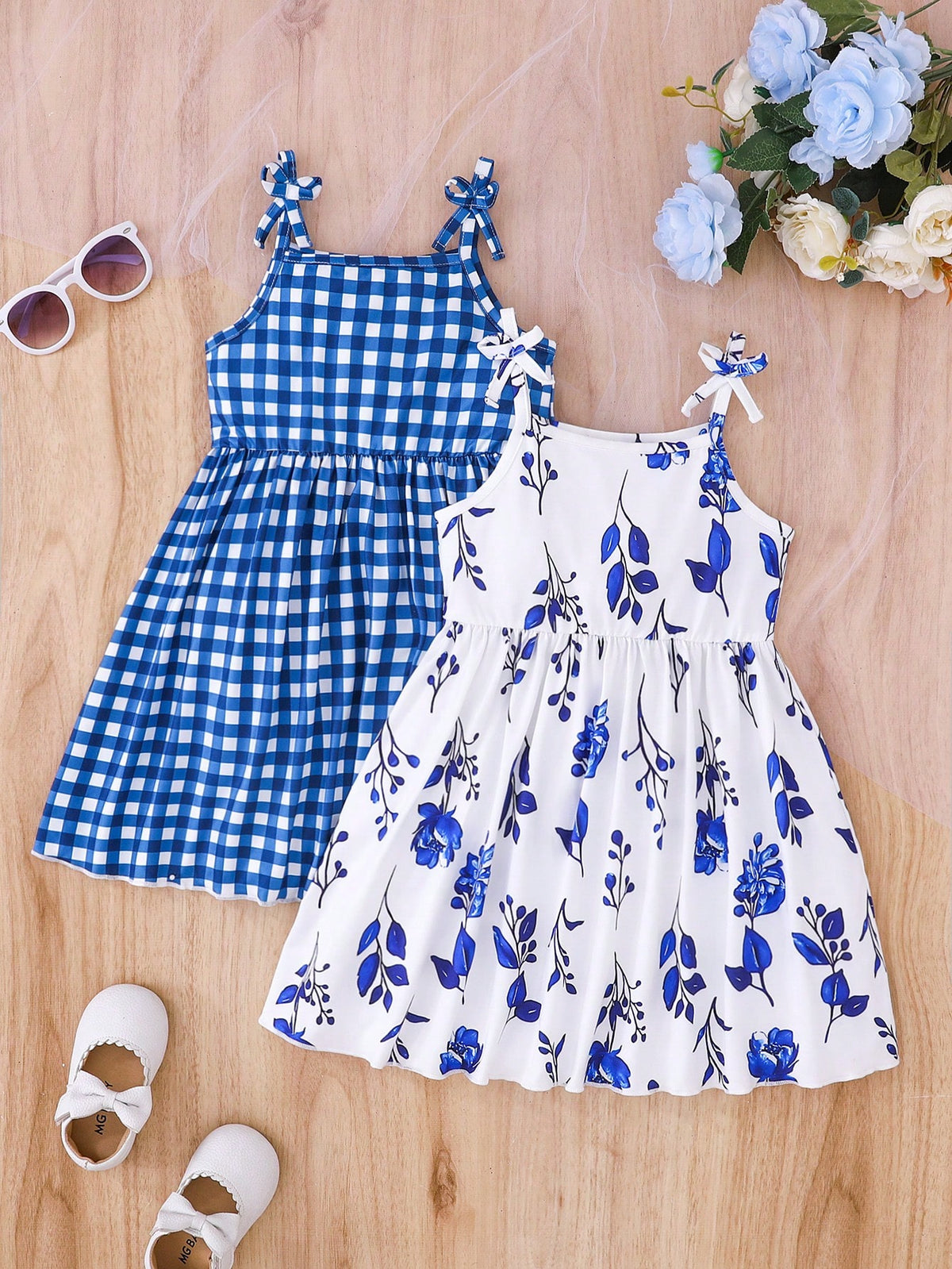 2pcs/Set Girls Sleeveless Shoulder Revealing Dress, Blue Plaid & Floral Print, Casual Fashion