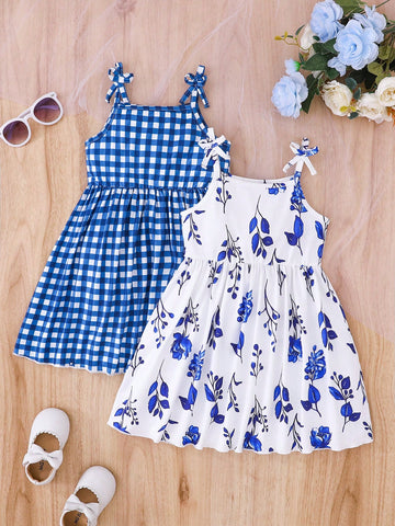 2pcs/Set Girls Sleeveless Shoulder Revealing Dress, Blue Plaid & Floral Print, Casual Fashion