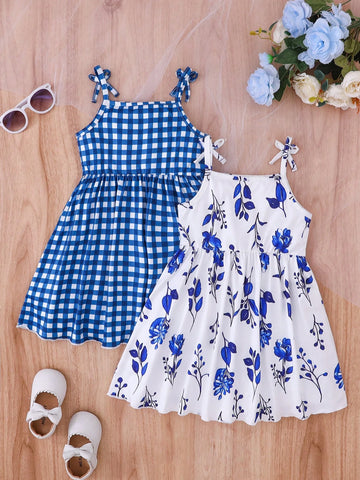 2pcs/Set Girls Sleeveless Shoulder Revealing Dress, Blue Plaid & Floral Print, Casual Fashion