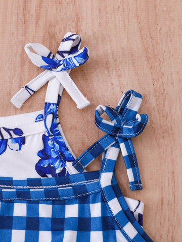 2pcs/Set Girls Sleeveless Shoulder Revealing Dress, Blue Plaid & Floral Print, Casual Fashion
