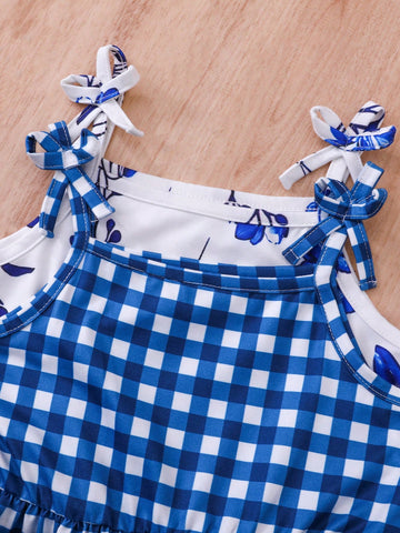 2pcs/Set Girls Sleeveless Shoulder Revealing Dress, Blue Plaid & Floral Print, Casual Fashion