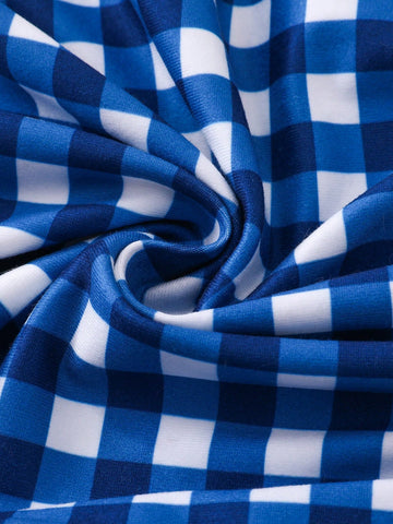 2pcs/Set Girls Sleeveless Shoulder Revealing Dress, Blue Plaid & Floral Print, Casual Fashion